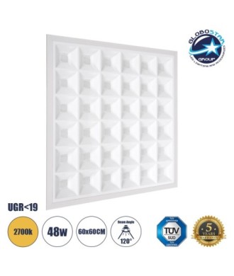 GLOBOSTAR® ZEUS 60970 Χωνευτό Panel Οροφής 60x60 με Anti Glare Reflector LED 48W 6960lm 120° CRI≥85Ra UGR 19 AC 220-240V IP20 Θερμό Λευκό 2700K - Lumileds SMD Chip & TÜV SÜD Driver - Λευκό Γαλακτερό - Μ60 x Π60 x Υ3.3cm - Q56 x 56cm - 5 Χρόνια Εγγύηση